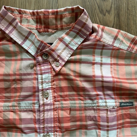 Eddie Bauer Mens Shirt XL Tall Orange Plaid Short Sleeve Performance Pocket Hike - Picture 1 of 11